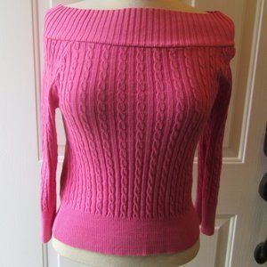Great American Sweater Bright Barbie Pink Off Shoulder Cable Crop Sweater Sz M